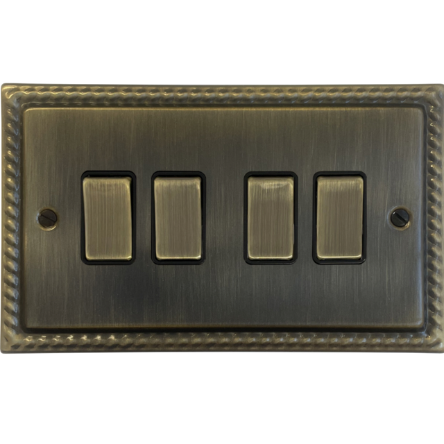 4 gang georgian antique brass light switch. dull brass finish