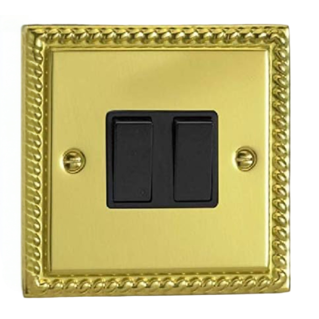 2 gang Georgian Brass light switch with black rocker switches