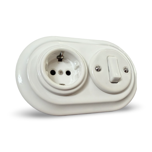 Retro Porcelain Double Wall Socket + Switch Schuko