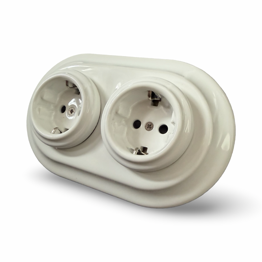 Retro Porcelain Double Wall Socket Polar White Schuko