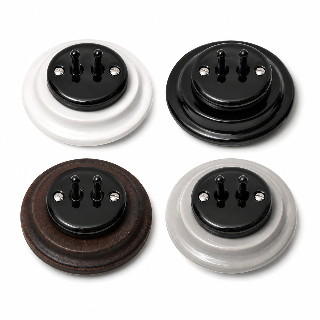 Nero 2 Gang 2 Way Porcelain Dolly Light Switch Black Toggles