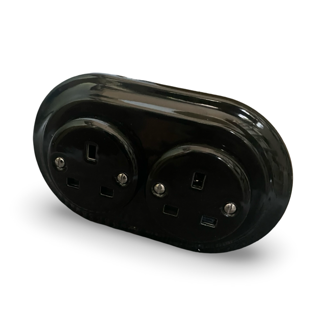 uk double ceramic black plug socket