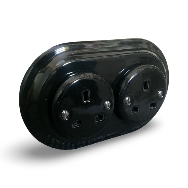Retro Porcelain Double UK Plug Socket Black
