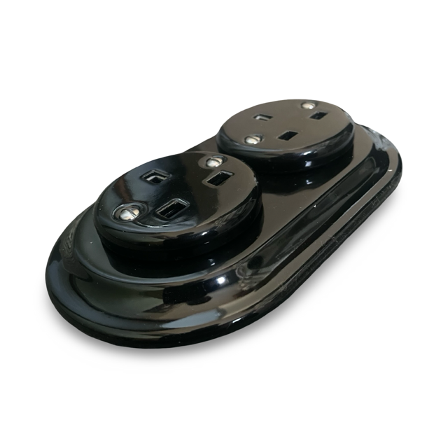Retro Porcelain Double UK Plug Socket Black