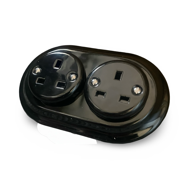 Retro Porcelain Double UK Plug Socket Black